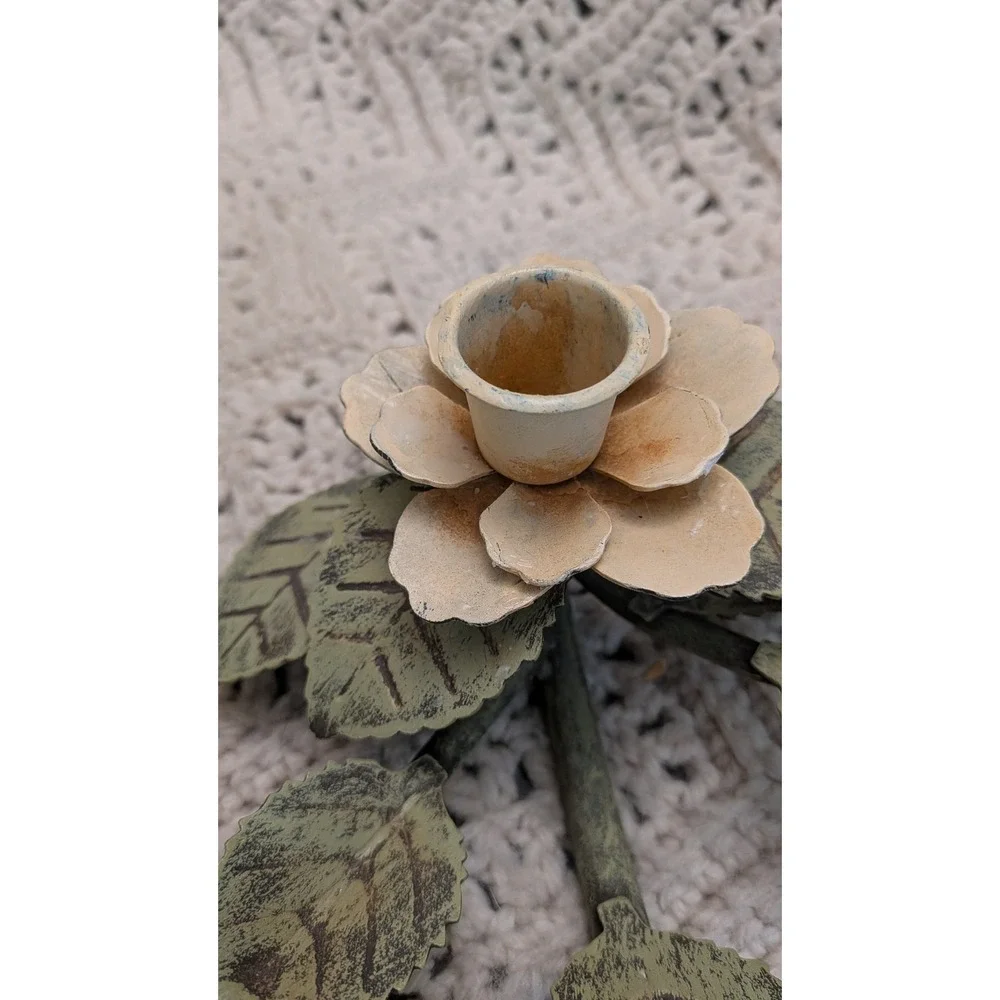 Vintage Metal Rose Floral Taper Candle Holders Pair Green Cream 9x6 Cottagecore
